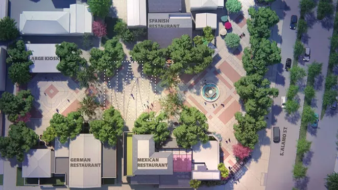 This drawing shows what Maverick Plaza would look like with three new restaurants, the ’70s walls removed and footprint expanded to the edge of South Alamo Street. Spanish restaurant by Elizabeth Johnson in the circa-1855 Faville House, which will be expanded back into the plaza. Mexican restaurant by Johnny Hernandez in newly-constructed two-story hacienda-style building. German restaurant and microbrewery by Steve McHugh. Mostly new build; but also uses the Gissi house. Large kiosk for cooking demonstrations. Fountain relocated from center of the plaza toward South Alamo Street. South Alamo Street reconstruction to include newly-paved promenade that blends into plaza - COURTESY PHOTO / FISHER HECK ARCHITECTS | MP STUDIO