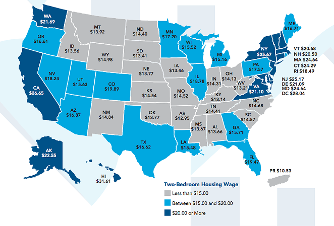 This map shows how much you need to make an hour to afford a two-bedroom apartment in each state. - NATIONAL LOW INCOME HOUSING COALITION