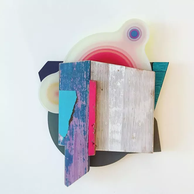 Andres Ferrandis, Islas, 2020, Wood, polycarbonate, found object, silkscreen, cardboard, oil and acrylic painting, 22 x 16 x 3.5 in. - ANDRÉS FERRANDIS