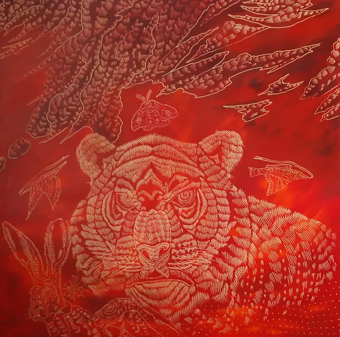 Richard Armendariz, Set the Woods on Fire (Remix), 2020, Carved oil on birch panel, 48 x 48 in. - RICHARD ARMENDARIZ