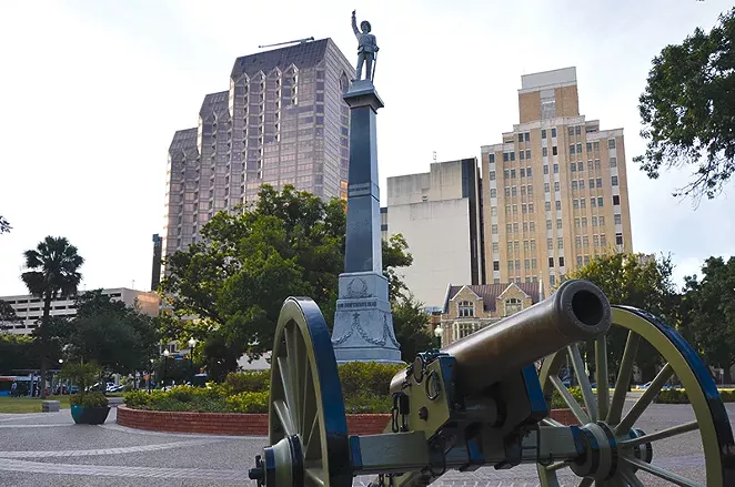 The statue of Colonel William Barret Travis in the downtown SA park named after him and a rendering (inset) of a proposed addition. - MICHAEL MARKS
