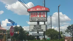 The sign outside Bill Miller BBQ on Broadway welcoming Walker. - VIA MICHAEL MARKS