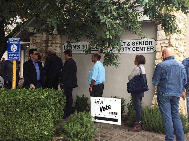Voters waiting in line to cast their ballots at Lion's Field in San Antonio. - SANFORD NOWLIN