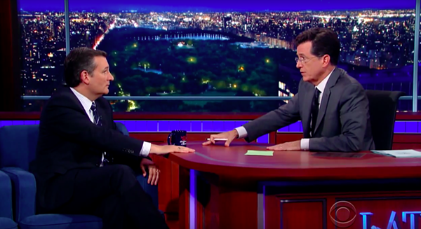 It wasn't exactly Frost-Nixon, but things still got a little testy between Ted Cruz and Stephen Colbert on The Late Show. - YOUTUBE SCREENSHOT