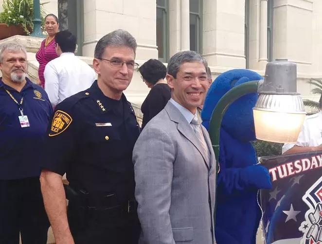 Chief William McManus with Councilman Ron Nirenberg during last October’s National Night Out. - COURTESY