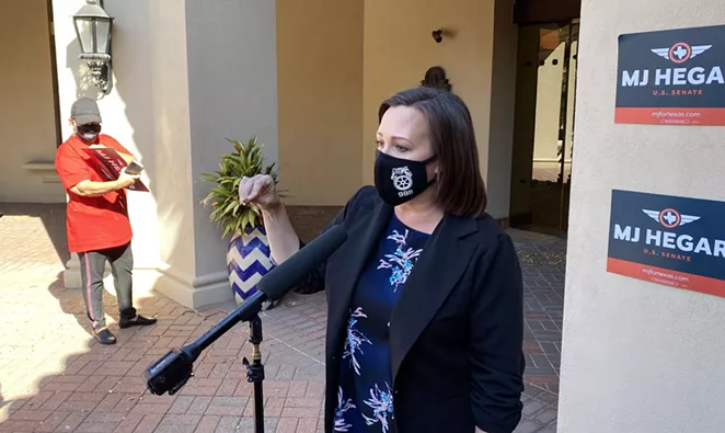 Democratic Senate candidate MJ Hegar addresses reporters during a recent stop in San Antonio. - SANFORD NOWLIN