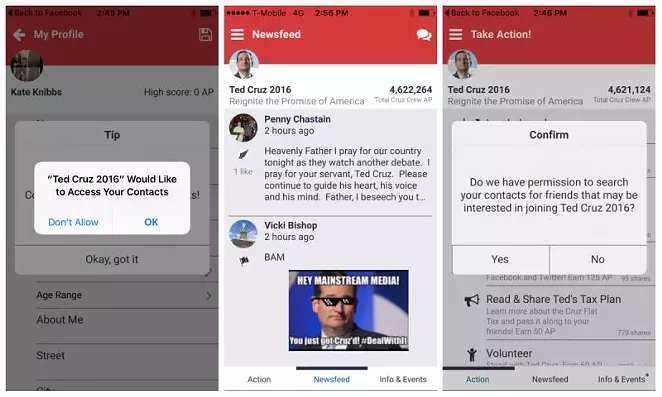 Srcreenshots of Ted Cruz's new app. - GIZOMODO