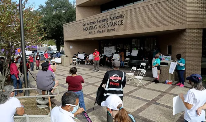 About 80 protestors gather at SAHA’s headquarters on Saturday. - BEN OLIVO / SA HERON