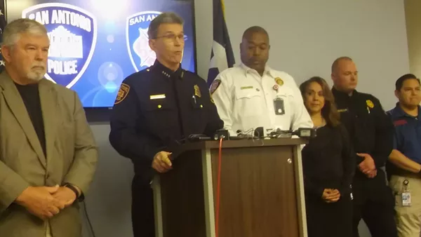 Chief William McManus with Fire Chief Charles Hood (left) brief the media on the IMPACT teams. - MICHAEL MARKS