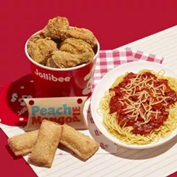 Jollibee's Chickenjoy, Spaghetti and peach-mango hand pie. - COURTESY JOLLIBEE