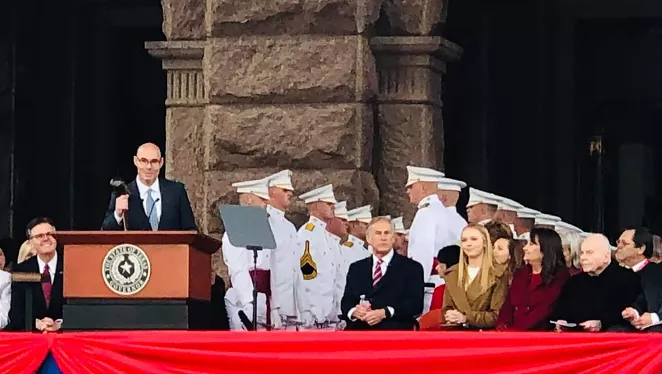 Outgoing Texas House Speaker Dennis Bonnen addresses the crowd at Gov. Greg Abbott's 2019 inauguration. - FACEBOOK / DENNIS BONNEN