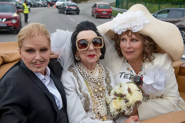 Joanna Lumley as "Patsy," Marcia Warren as "Baroness Lubliana Santa," and Jennifer Saunders as "Edina" in Absolutely Fabulous: The Movie. Photo by David Appleby. ©2016 Twentieth Century Fox Film Corporation