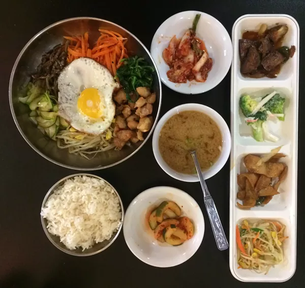 The Bibimbap with banchan, rice, and miso soup ($8.99)