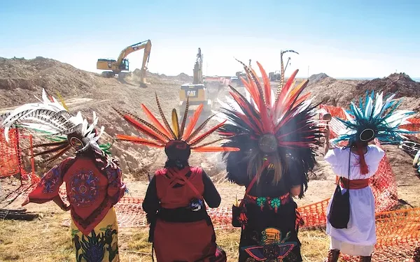 Members of San Antonio-based Kalpulli Ameyaltonal pray at the site of the Trans-Pecos Pipeline construction close to Marfa, Texas. - PHOTOS BY GREG HARMAN