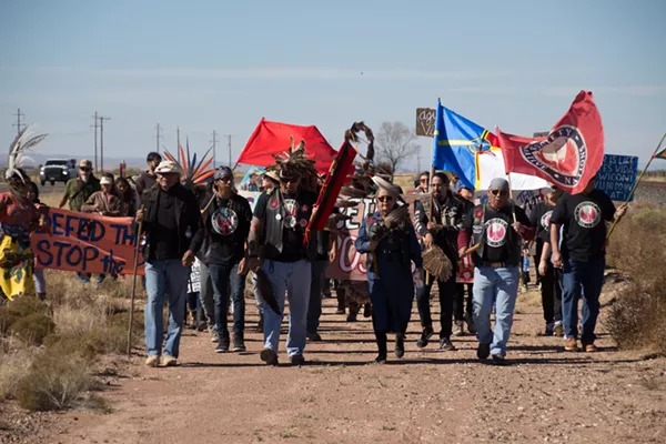 As assortment of indigenous and non-indigenous allies—including the Society of Native Nations—marched on ETP's Trans-Pecos Pipeline outside Marfa in November.
