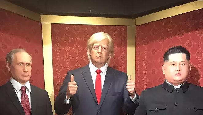 The wax dummy of former President Donald Trump, shown in a visitor's photo, was packed off to storage after people kept punching it. No word on whether his two BFFs also suffered damage. - INSTAGRAM / ALLY_CAUDILLO