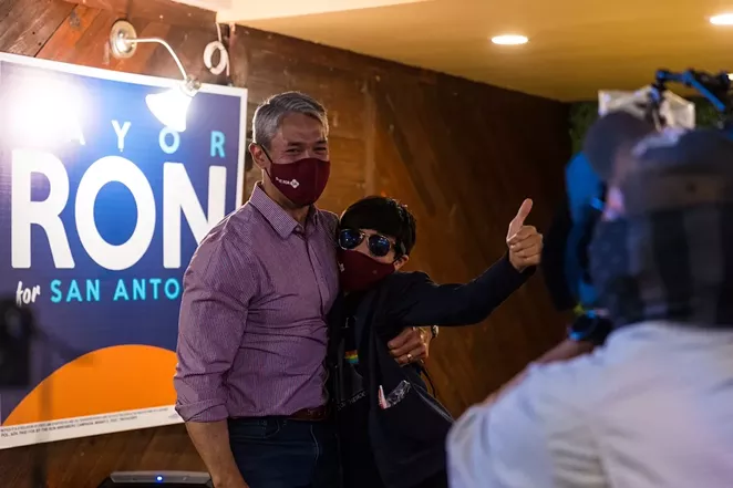 Ron Nirenberg celebrates victory at his watch party at the Backyard on Broadway. - CHRIS STOKES / SAN ANTONIO HERON CONTRIBUTOR