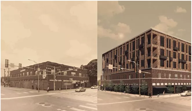 This comparison photo shows the Rich Book building and a proposed replacement development at 900 W. Houston St. - COURTESY IMAGE / GOMEZ VAZQUEZ INTERNATIONAL