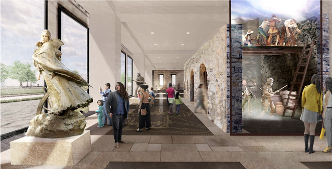 A conceptual rendering of the lobby of the Alamo Visitor Center and Museum, including a full-scale recreation of the historic fort walls. - COURTESY / ALAMO TRUST
