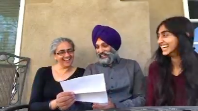 Gurjiv Kaur shares her acceptance letter into University of the Incarnate Word's Rosenberg School of Optometry with her overjoyed parents. - TWITTER / JEEEVERZ