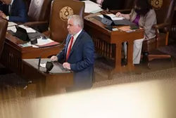 State Rep. Bryan Slaton, R-Royse City, on the House floor in April. Slaton has repeatedly attempted to add amendments pertaining to transgender Texans to other bills this session. Credit: Evan L'Roy/The Texas Tribune - TEXAS TRIBUNE / EVAN L'ROY