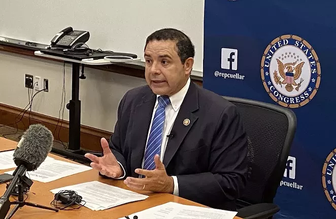 U.S. Rep. Henry Cuellar speaks at a downtown San Antonio press briefing. - SANFORD NOWLIN