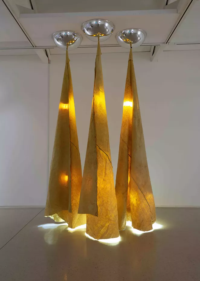 Mich Stevenson, Yellowjacket No. 3,2021, turmeric dyed canvas, light, steel, acrylic, hardware - IMAGE COURTESY OF MICH STEVENSON