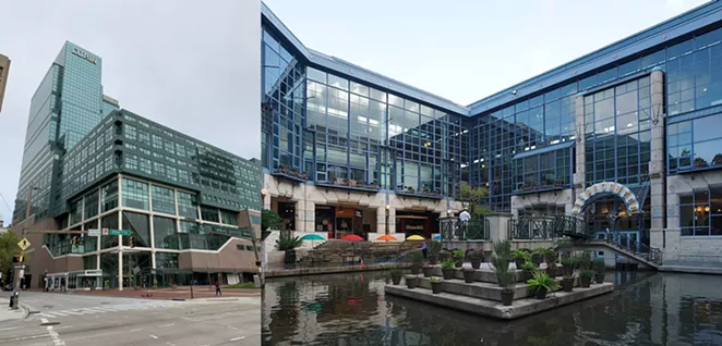 Baltimore’s flagging Harborplace is on the left, and San Antonio’s Rivercenter Mall is on the right. Notice any similarities? - WIKIMEDIA COMMONS / TASTYPOUTINE (LEFT), MICHAEL BARERA (RIGHT)