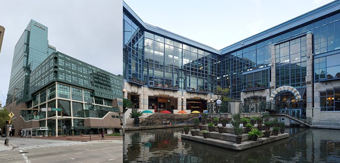 Baltimore’s flagging Harborplace is on the left, and San Antonio’s Rivercenter Mall is on the right. Notice any similarities? - WIKIMEDIA COMMONS / TASTYPOUTINE (LEFT), MICHAEL BARERA (RIGHT)