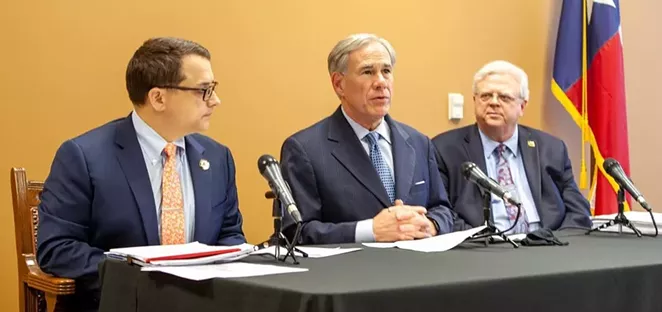 Gov. Greg Abbott (center) appears with State Rep. Briscoe Cain (left) and Sen. Paul Bettencourt, Republican lawmakers who pushed the state's restrictive new voting laws. - INSTAGRAM / GOVABBOTT