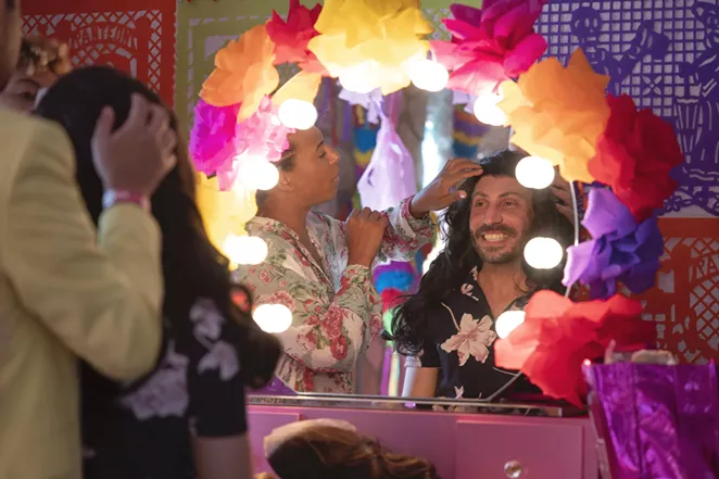 Del Rio Mayor Bruno Lozano (right) tries on a wig in preparation for his drag performance. - COURTESY OF HBO