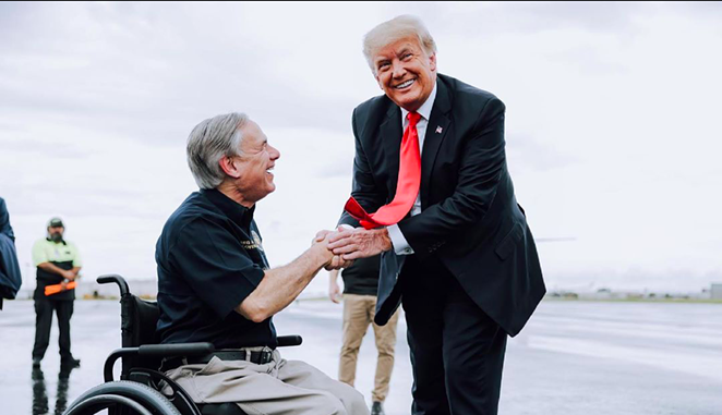 Gov. Greg Abbott (left) shakes hands with former President Donald Trump during a border photo op in late June. - INSTAGRAM / @GOVERNORABBOTT