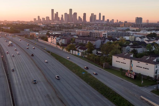An aerial view of a highway in Houston on April 1, 2020. - TEXAS TRIBUNE