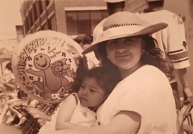 Photo of the author and her mother at the Battle of Flowers Parade in 1994