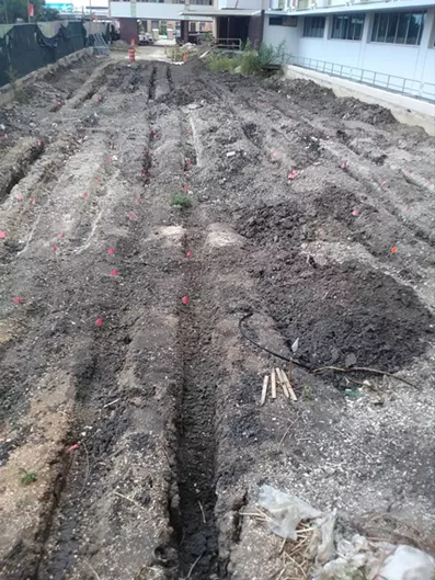 Red flags mark bone fragments found during a dig at Children's Hospital of San Antonio downtown - ALAMO CITY ANCESTRY VIA FACEBOOK