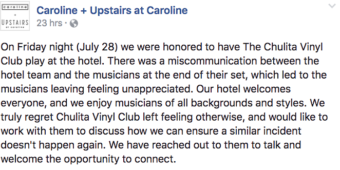 FACEBOOK, CAROLINE + UPSTAIRS AT CAROLINE