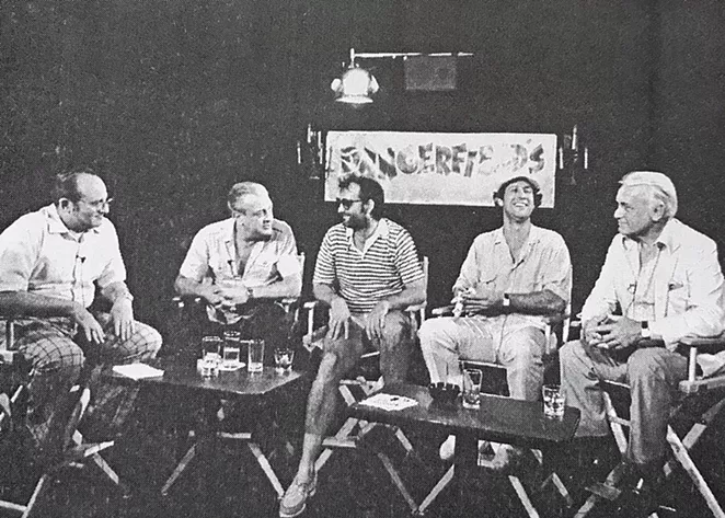 (From left) Polunsky interviewing Rodney Dangerfield, Billy Murray, Chevy Chase and Ted Knight in New York City. - FLICKER FOOTNOTES