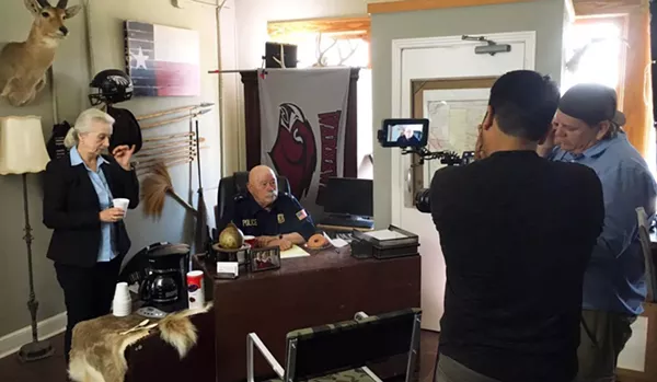 Barry Corbin on the set of The Margarita Man in San Antonio. Corbin's scenes were shot at the Alamo City Bail Bonds on South Frio St. - KRYSTAL JONES/SAN ANTONIO FILM COMMISSION