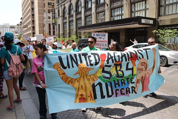 SB 4 protesters in downtown San Antonio. - LYANNE A. GUARECUCO