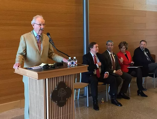 Former Mayor Phil Hardberger announces the last round of funding for the land bridge at his namesake park. - SANFORD NOWLIN