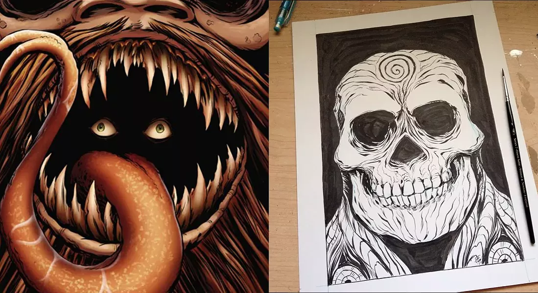 Cover art for Guardian Knight Comics Sanitarium #1 (2015) (left), ink sketch (right) - AUSTIN ROGERS