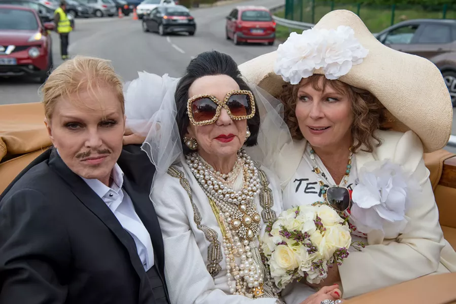 Joanna Lumley as "Patsy," Marcia Warren as "Baroness Lubliana Santa," and Jennifer Saunders as "Edina" in Absolutely Fabulous: The Movie. Photo by David Appleby. ©2016 Twentieth Century Fox Film Corporation