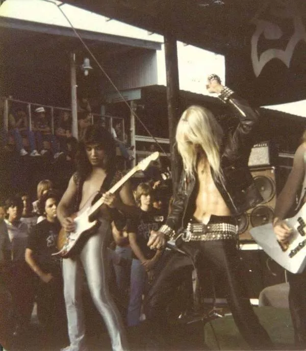 Art Villarreal (left), shown here in a 1982 performance with S.A. Slayer, is one of the members performing in the South Texas Legion supergroup. - PHOTO COURTESY OF BOB CATLIN
