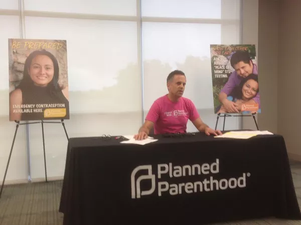 Planned Parenthood South Texas CEO Jeffrey Hons speaks to media after the state unexpectedly showed up at the San Antonio clinic with a subpoena in hand, which came days after Governor Greg Abbott cut off Medicaid funding for the organization. - ROHIT CHANDAN