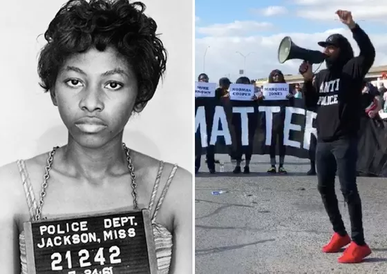 L: Freedom Rider Kredelle Petway after her 1961 arrest. R: Mike Lowe, a leader in San Antonio's Black Lives Matter movement. - MISSISSIPPI DEPT OF ARCHIVES AND HISTORYT / ALEX ZIELINSKI