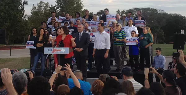 Eva Longoria, U.S. Rep. Joaquin Castro, and Henry R. Munoz III rallied with Sen. Leticia Van de Putte in San Antonio Wednesday night. - ALEXA GARCIA-DITTA