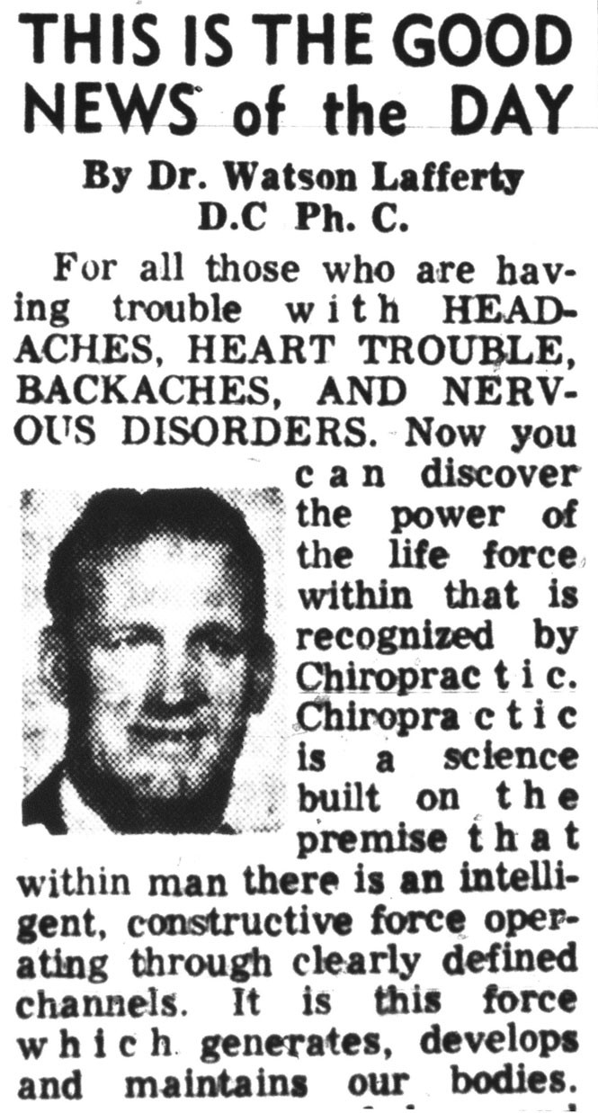 A 1965 ad for the family chiropractic practice featuring Watson Lafferty Sr., which ran in an April 1965 Daily Herald.