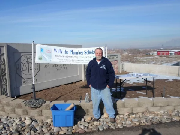 Former inmate Karl Winsness spreading the word about his scholarship fund outside the prison in Februrary 2012. - KARL WINSNESS