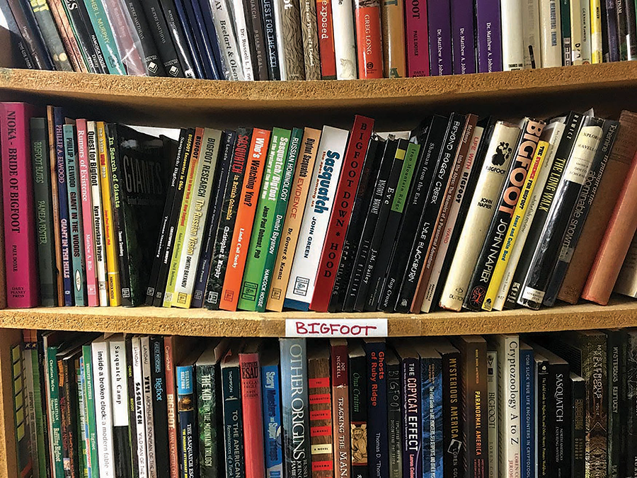 A collection of Bigfoot books threaten to collapse the shelves at Bigfoot Books in Willow Creek, Calif. - LAURA KRANTZ