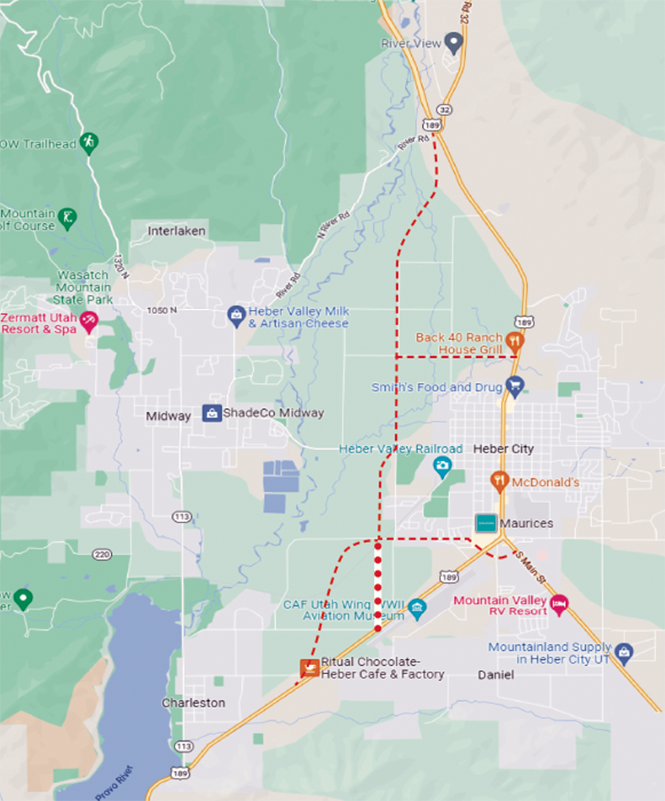 Examples of  proposed highway routes  (in red) that could cut through Heber Valley’s north fields.